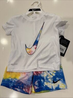 Nike Girl’s White Tee with Multicolor Tie-Dye Swoosh & Tie-Dye Shorts